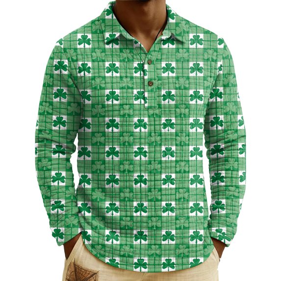 Men's St. Patrick's Day Shamrock Henley Long Sleeve Pullover Casual Top Shirt