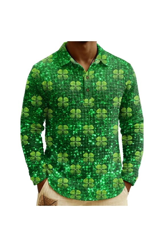 Men's St. Patrick's Day Shamrock Henley Long Sleeve Pullover Casual Top Shirt