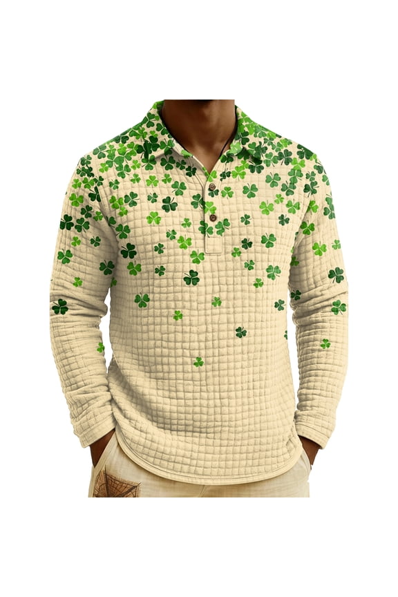 Men's St. Patrick's Day Shamrock Henley Long Sleeve Pullover Casual Top Shirt
