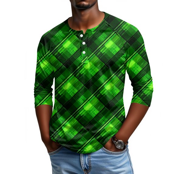Men's St. Patrick's Day Shamrock Henley Shirt 3/4 Sleeve Casual Clover Print Top