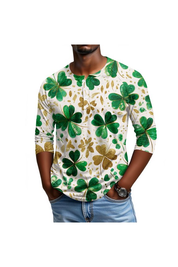 Men's St. Patrick's Day Shamrock Henley Shirt 3/4 Sleeve Casual Clover Print Top