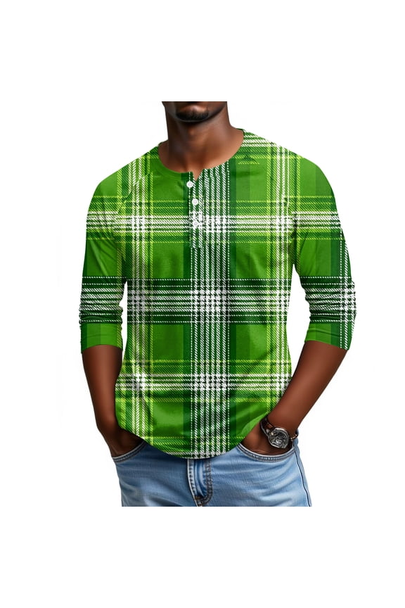 Men's St. Patrick's Day Shamrock Henley Shirt 3/4 Sleeve Casual Clover Print Top