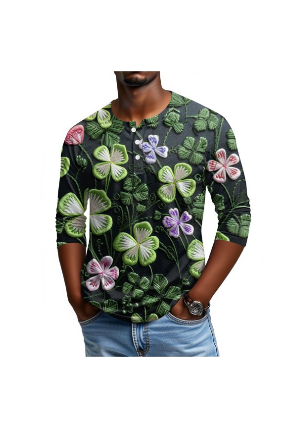 Men's St. Patrick's Day Shamrock Henley Shirt 3/4 Sleeve Casual Clover Print Top