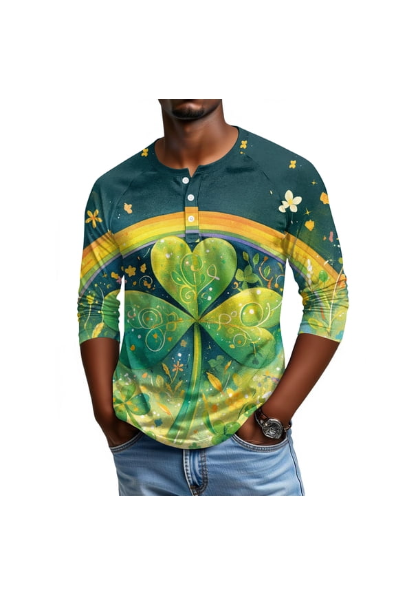 Men's St. Patrick's Day Shamrock Henley Shirt 3/4 Sleeve Casual Clover Print Top