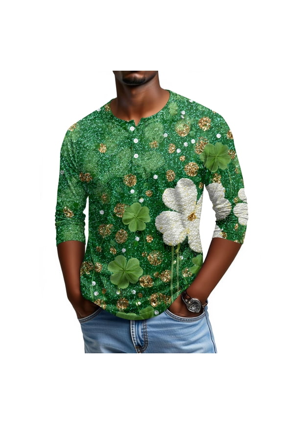 Men's St. Patrick's Day Shamrock Henley Shirt 3/4 Sleeve Casual Clover Print Top