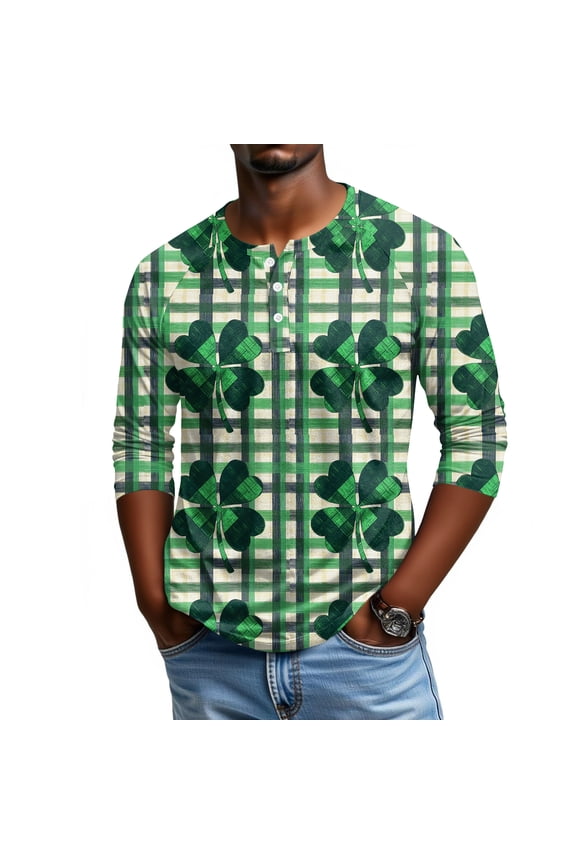 Men's St. Patrick's Day Shamrock Henley Shirt 3/4 Sleeve Casual Clover Print Top