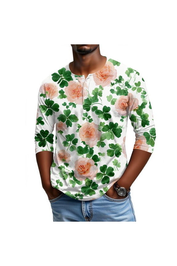 Men's St. Patrick's Day Shamrock Henley Shirt 3/4 Sleeve Casual Clover Print Top