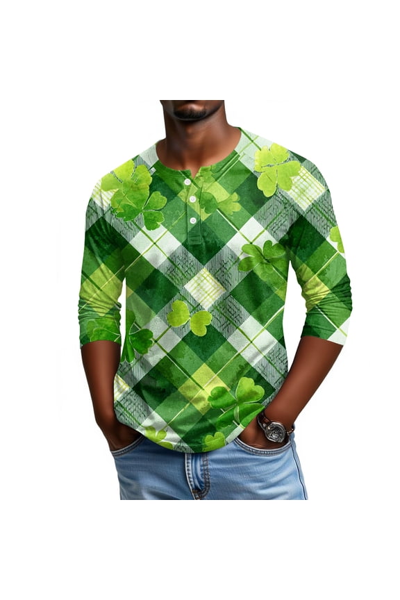 Men's St. Patrick's Day Shamrock Henley Shirt 3/4 Sleeve Casual Clover Print Top