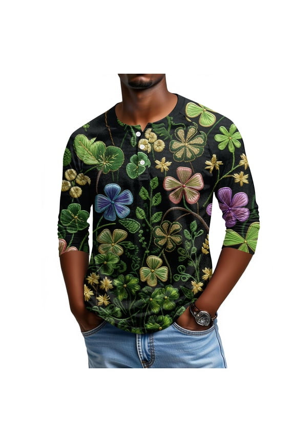 Men's St. Patrick's Day Shamrock Henley Shirt 3/4 Sleeve Casual Clover Print Top