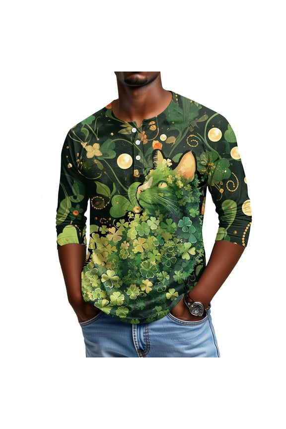 Men's St. Patrick's Day Shamrock Henley Shirt 3/4 Sleeve Casual Clover Print Top