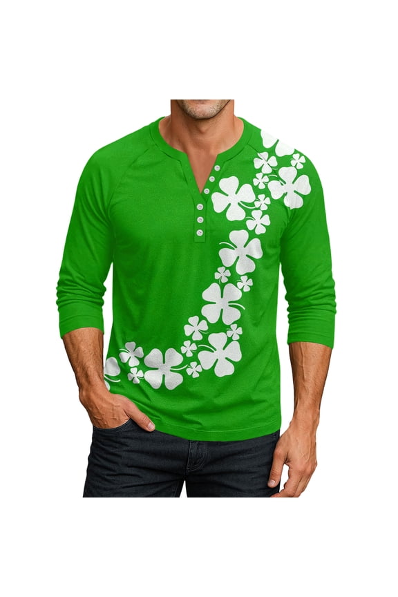 Men's St. Patrick's Day Shamrock Henley Shirt 3/4 Sleeve Clover Print Top