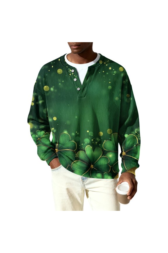 Men's St. Patrick's Day Shamrock Henley Shirt Long Sleeve Button Neck Pullover Top