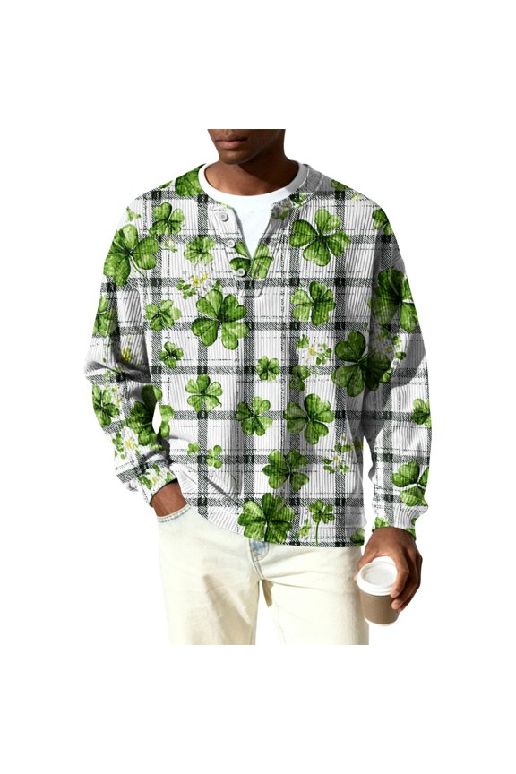 Men's St. Patrick's Day Shamrock Henley Shirt Long Sleeve Button Neck Pullover Top