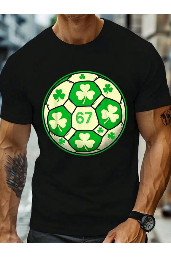 Men's St. Patrick's Day Shamrock Soccer Ball Graphic T-Shirt, Lucky 67 Irish Football Short Sleeve Tee