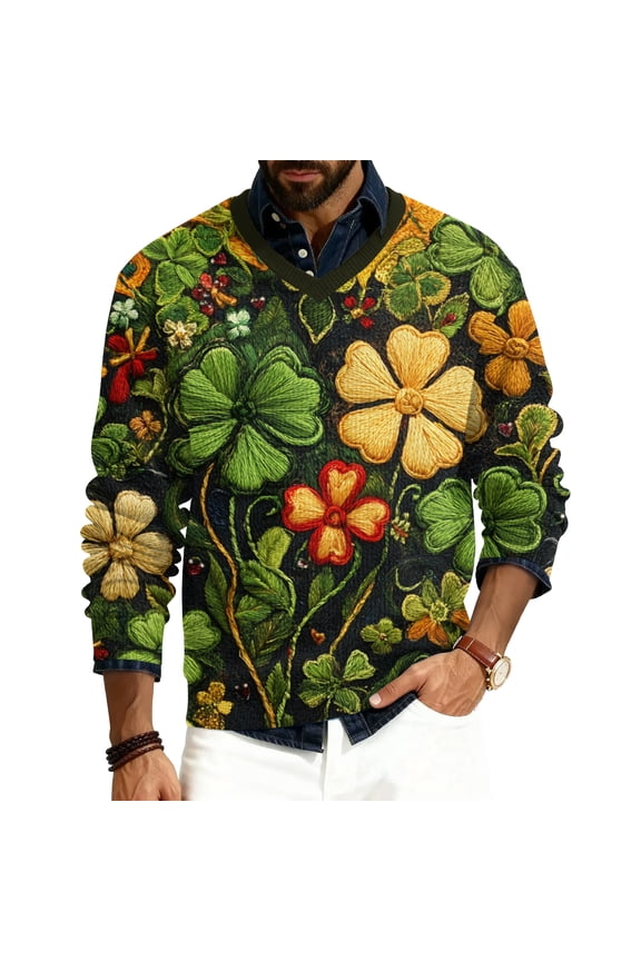 Men's St. Patrick's Day Shamrock V-Neck Long Sleeve Pullover Sweater Top