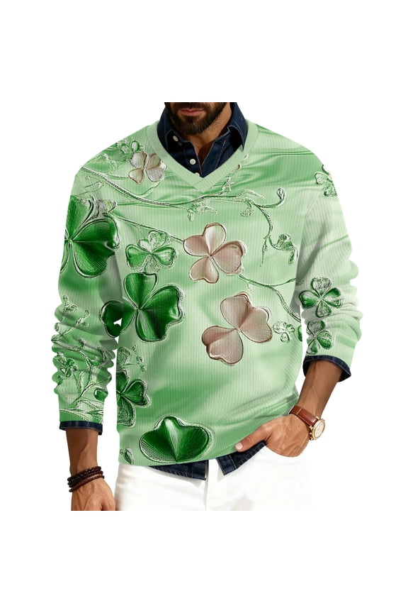 Men's St. Patrick's Day Shamrock V-Neck Long Sleeve Pullover Sweater Top