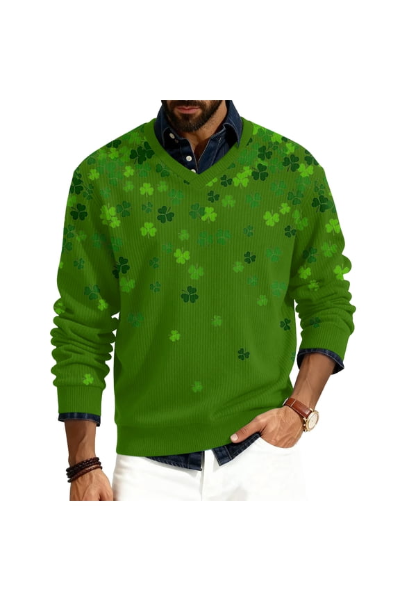 Men's St. Patrick's Day Shamrock V-Neck Long Sleeve Pullover Sweater Top