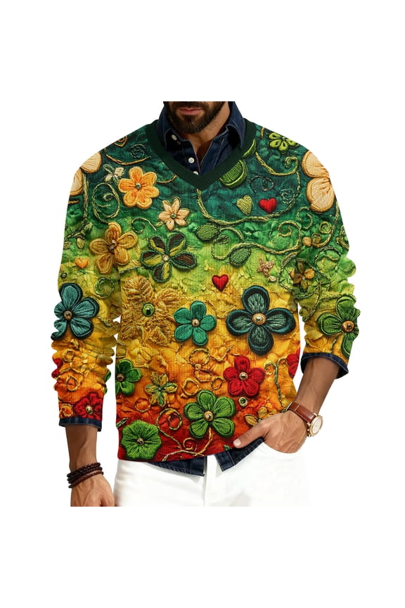 Men's St. Patrick's Day Shamrock V-Neck Long Sleeve Pullover Sweater Top