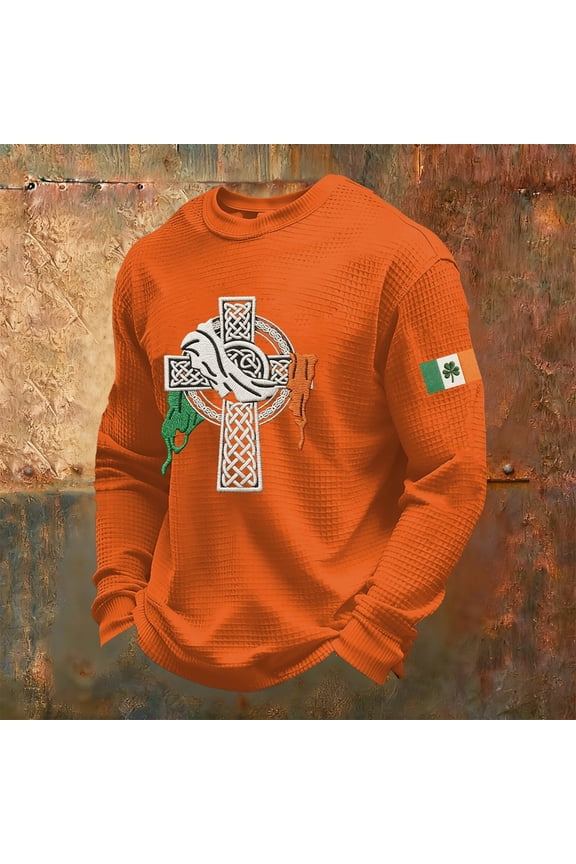 Men's St. Patrick's Day T-shirt Waffle Knit Sweatshirts Celtic Cross Irish Flag Print Crew Neck Tops for Irish Festival Celebrations