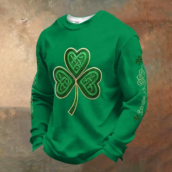 Men's St. Patrick's Day Waffle Knit Crewneck Sweatshirt Long Sleeve Shamrock Celtic Cross Irish Casual Pullover Shirt