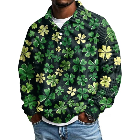 Men's St. Patrick's Day Waffle Knit Pullover Long Sleeve Collared Graphic Shirt