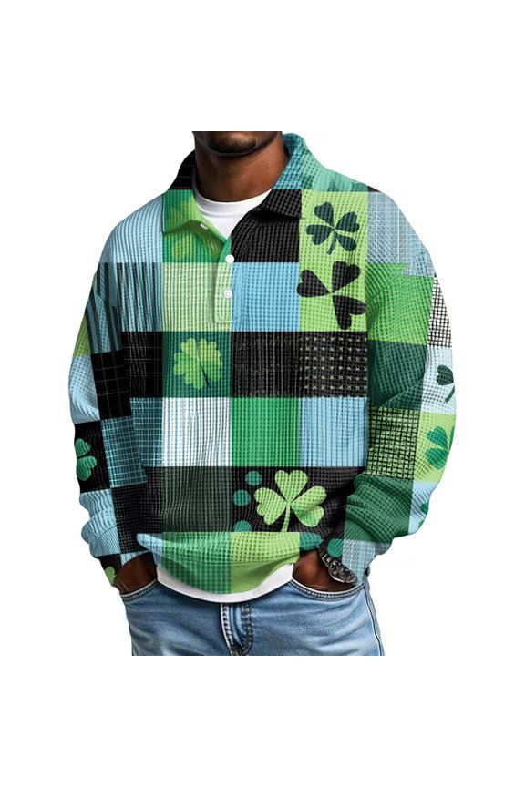Men's St. Patrick's Day Waffle Knit Pullover Long Sleeve Collared Graphic Shirt
