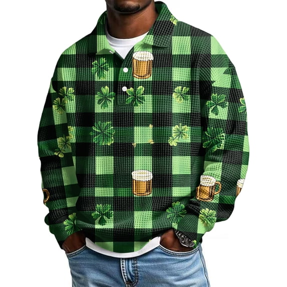 Men's St. Patrick's Day Waffle Knit Pullover Long Sleeve Collared Graphic Shirt