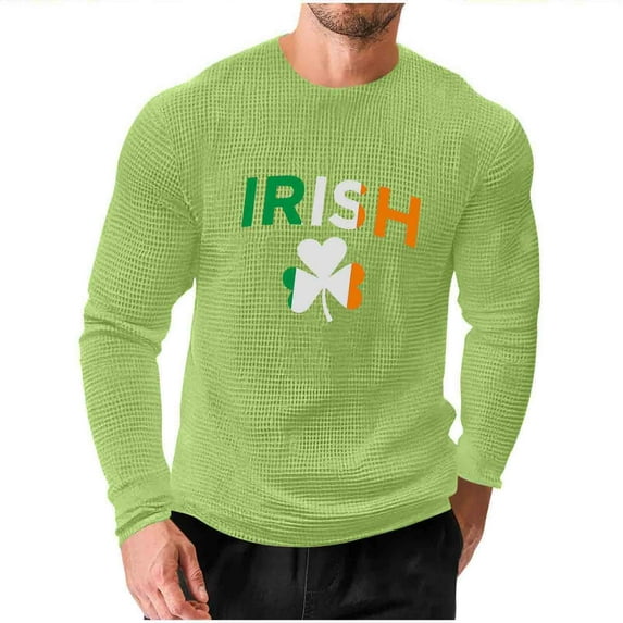 Men's St. Patrick's Day Waffle Shirts Long Sleeve Crewneck Pullover Slim Fit Muscle T-Shirt