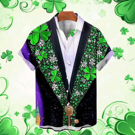Men's St. Patrick's T Shirt Short Sleeve Lapel Button Down Printed Shirts Tops Green 2 M