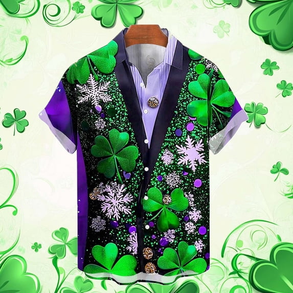 Men's St. Patrick's T Shirt Short Sleeve Lapel Button Down Printed Shirts Tops Green 6 XXL