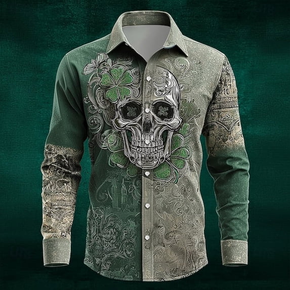 Men's St Patricks Day Button Printed Down Long Sleeve St Patrick's Shirt Button Festival 4 Leaf Soft Classic Irish Print Four Leaf St Patrick's Men's Printed Button Down Shirt (Green,2XL)