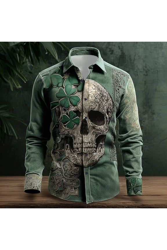 Men's St Patricks Day Button Printed Down Long Sleeve St Patrick's Shirt Button Festival 4 Leaf Soft Classic Irish Print Four Leaf St Patrick's Men's Printed Button Down Shirt (Green,2XL)