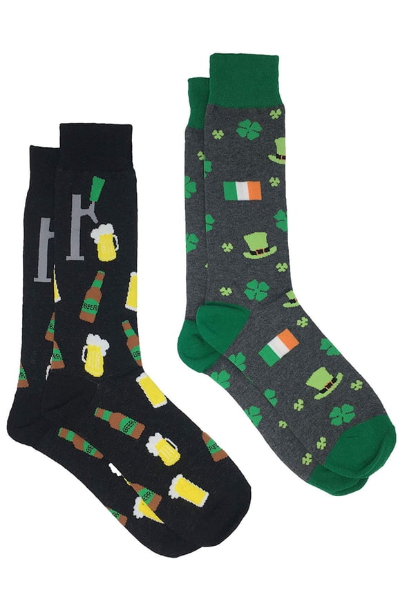 Men's St Patricks Day Irish Luck and Beer Tap w/ Mugs Socks 2-Pairs Black Gray