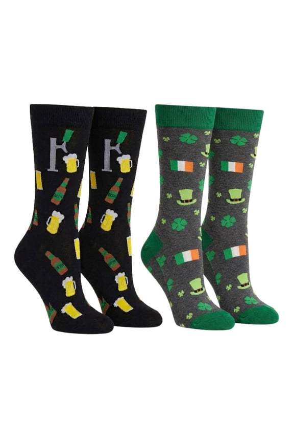 Men's St Patricks Day Irish Luck and Beer Tap w/ Mugs Socks 2-Pairs Black Gray