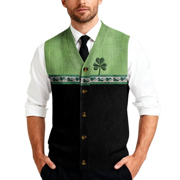 Men’s St Patricks Day Sleeveless V Neck Suit Vest with Button Closure Sweater Vest Cardigan for Formal and Casual Occasions Army Green L