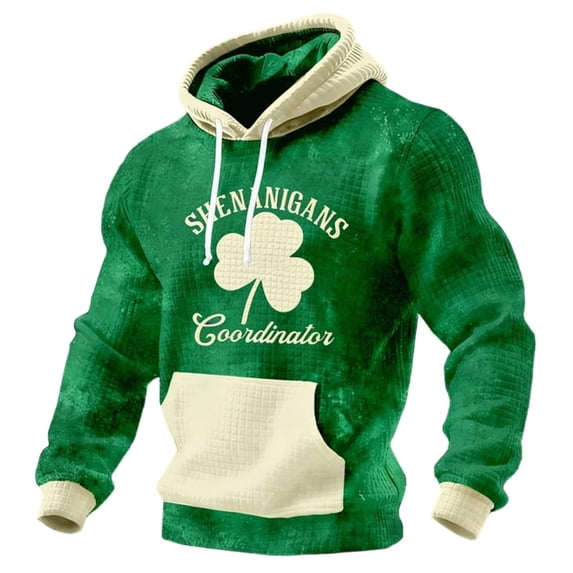 Men's St Patricks Day Sweatshirt Green Clover Irish Hoodie Cross Shamrock Printed Pullover Sweat shirts Green XL
