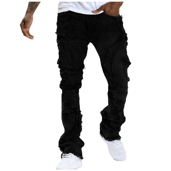Men's Stacked Jeans Slim Fit Ripped Jeans Destroyed Straight Denim Pants Harajuku Hip Hop Trouser Streetwear Black L
