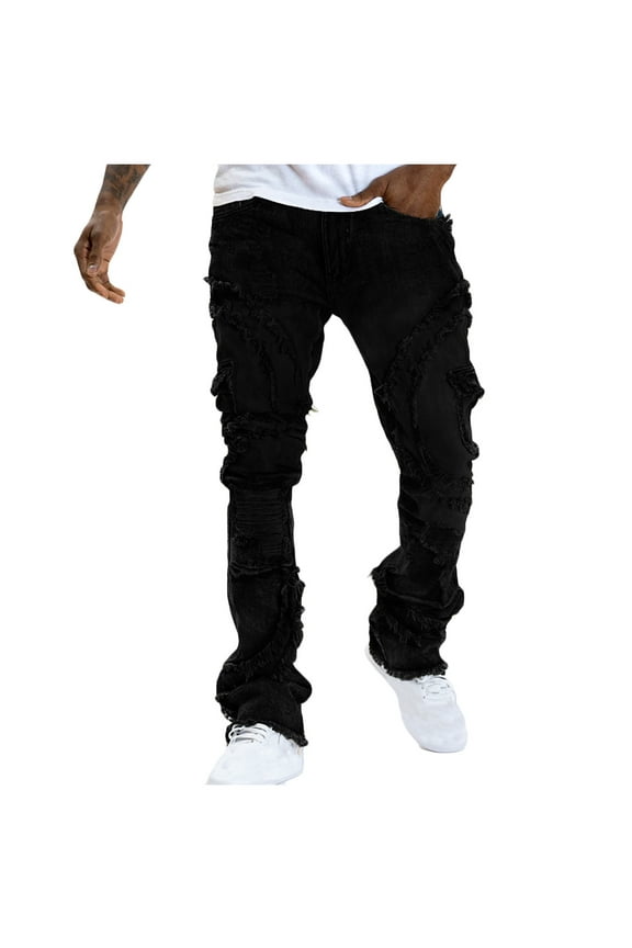 Men's Stacked Jeans Slim Fit Ripped Jeans Destroyed Straight Denim Pants Harajuku Hip Hop Trouser Streetwear Black S