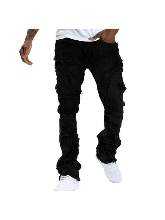 Men's Stacked Jeans Slim Fit Ripped Jeans Destroyed Straight Denim Pants Harajuku Hip Hop Trouser Streetwear Black XL