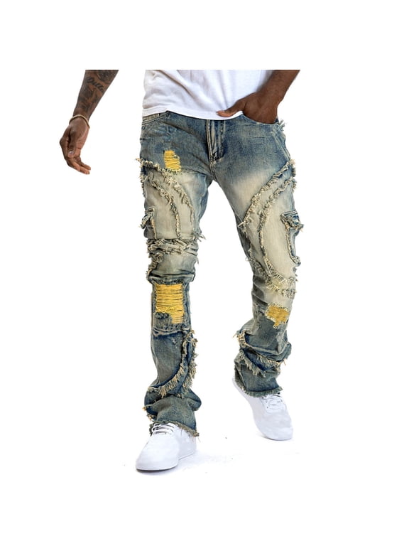 Men's Stacked Jeans Slim Fit Ripped Jeans Destroyed Straight Denim Pants Harajuku Hip Hop Trouser Streetwear Yellow XL