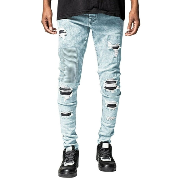 Men's Stacked Skinny Fit Stretch Denim Jeans with Patched Side Stripes Straight Leg Comfortable Pants