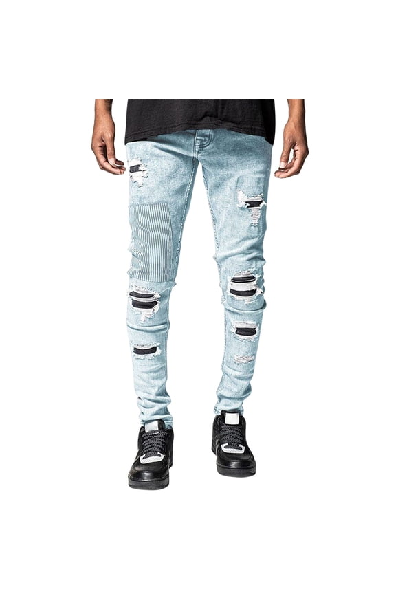 Men's Stacked Skinny Fit Stretch Denim Jeans with Patched Side Stripes Straight Leg Comfortable Pants