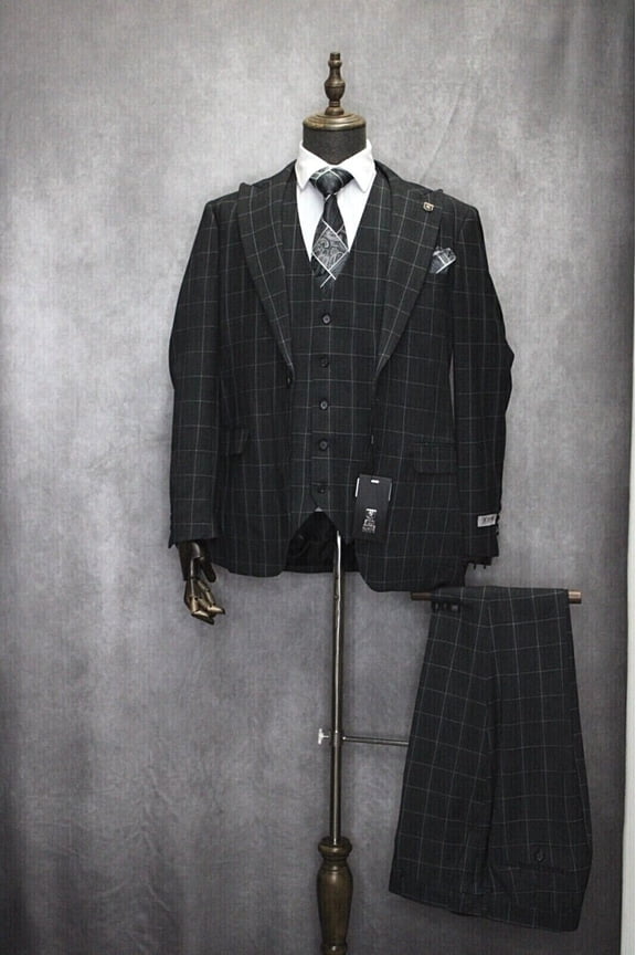 Men's Stacy Adams Hybrid 3PC Charcoal and White Check Formal Suit SM394H1-1