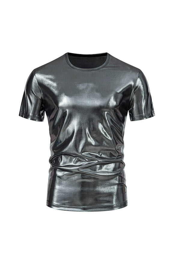 Men's Stage Glossy T-Shirt Summer Round Neck Pullover Tees Casual Short Sleeve Party Tee Tops Trendy Satin Tshirt