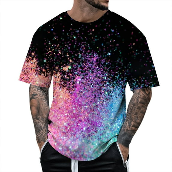 Men'S Stage Performance T Shirt Men'S 3D Printed Sequin Pullover Short Sleeve T Shirt