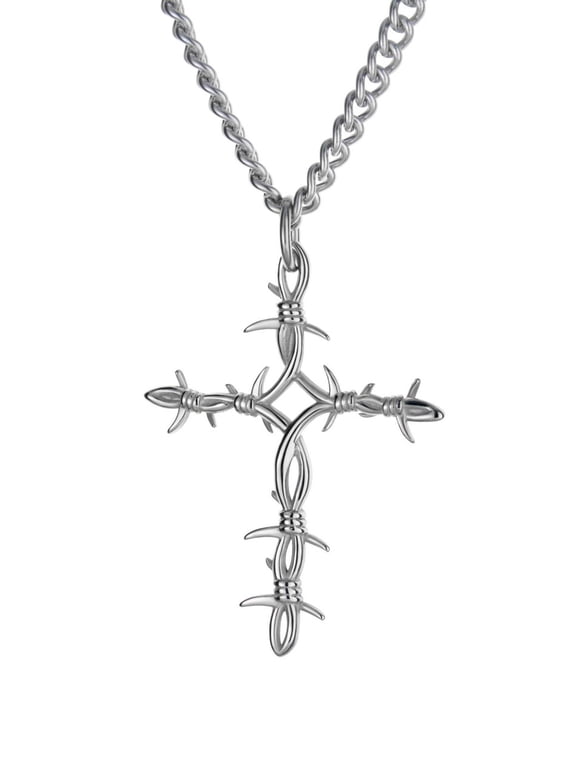 Men's Stainless Barbed Wire Cross Necklace - John 19:30 by Shields of Strength