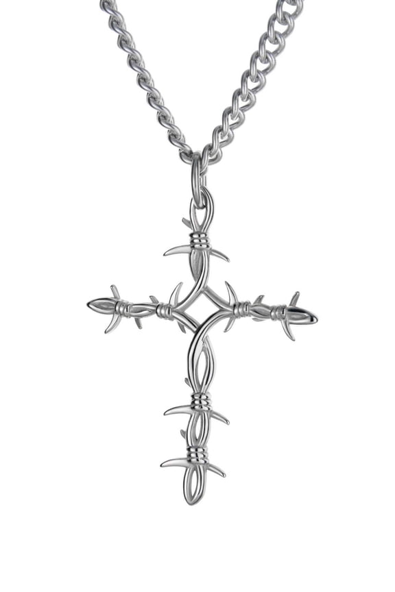 Men's Stainless Barbed Wire Cross Necklace - John 19:30 by Shields of Strength