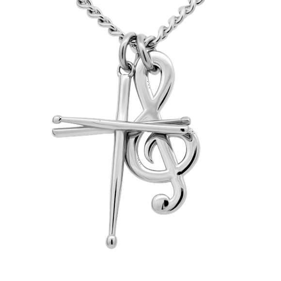Men's Stainless Drum Sticks Cross / Treble Clef Combo Necklace - Psalm 101:1 by Shields of Strength