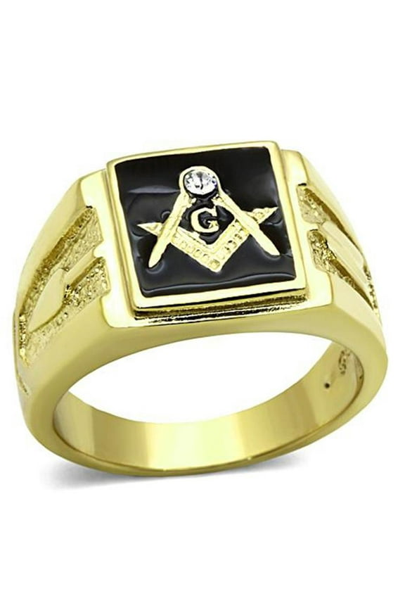 Men's Stainless Steel 14K Gold Ion Plated Crystal Masonic Lodge Freemason Ring Size 10