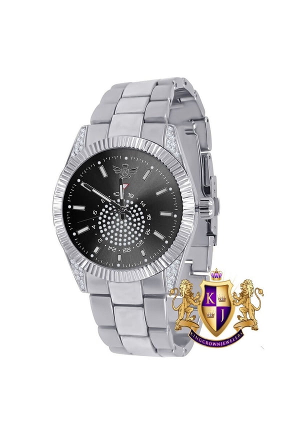 Men's Stainless Steel 14K White Gold Finish Black Dial Simulated Diamond 5 ATM Water Resistance Precedential Watch 40mm